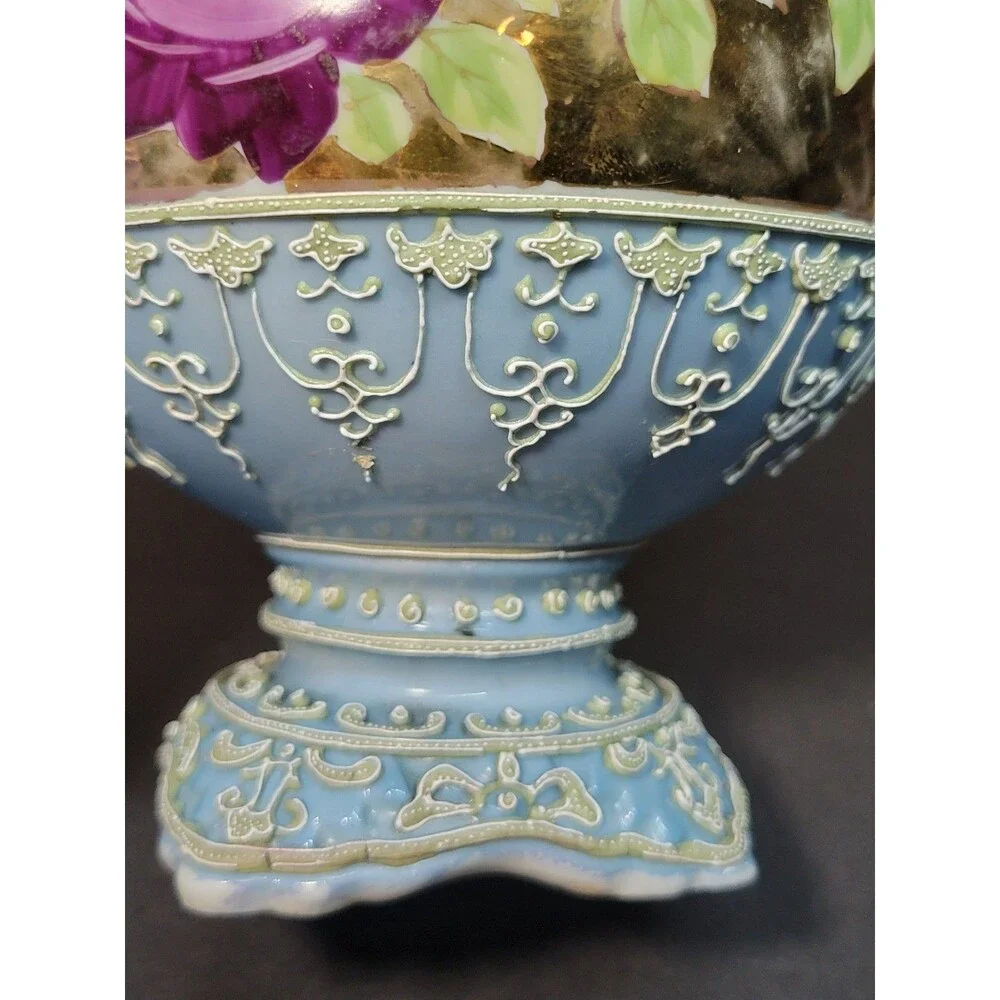 Antique Nippon Moriage Early Hand Painted Twisted Handle Floral Vase